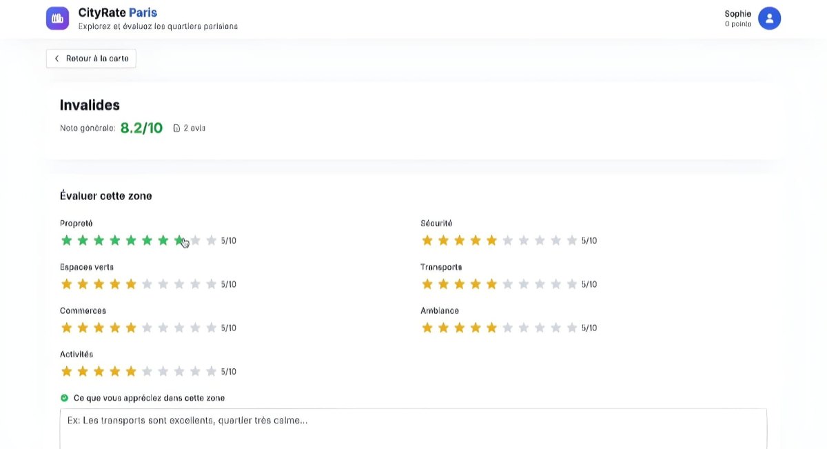 Interface de notation CityRate - Évaluation des critères de quartier