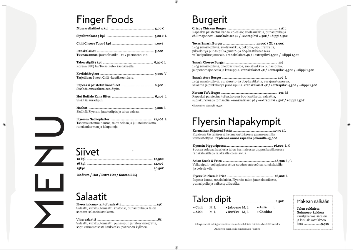 Flyers Darts Menu