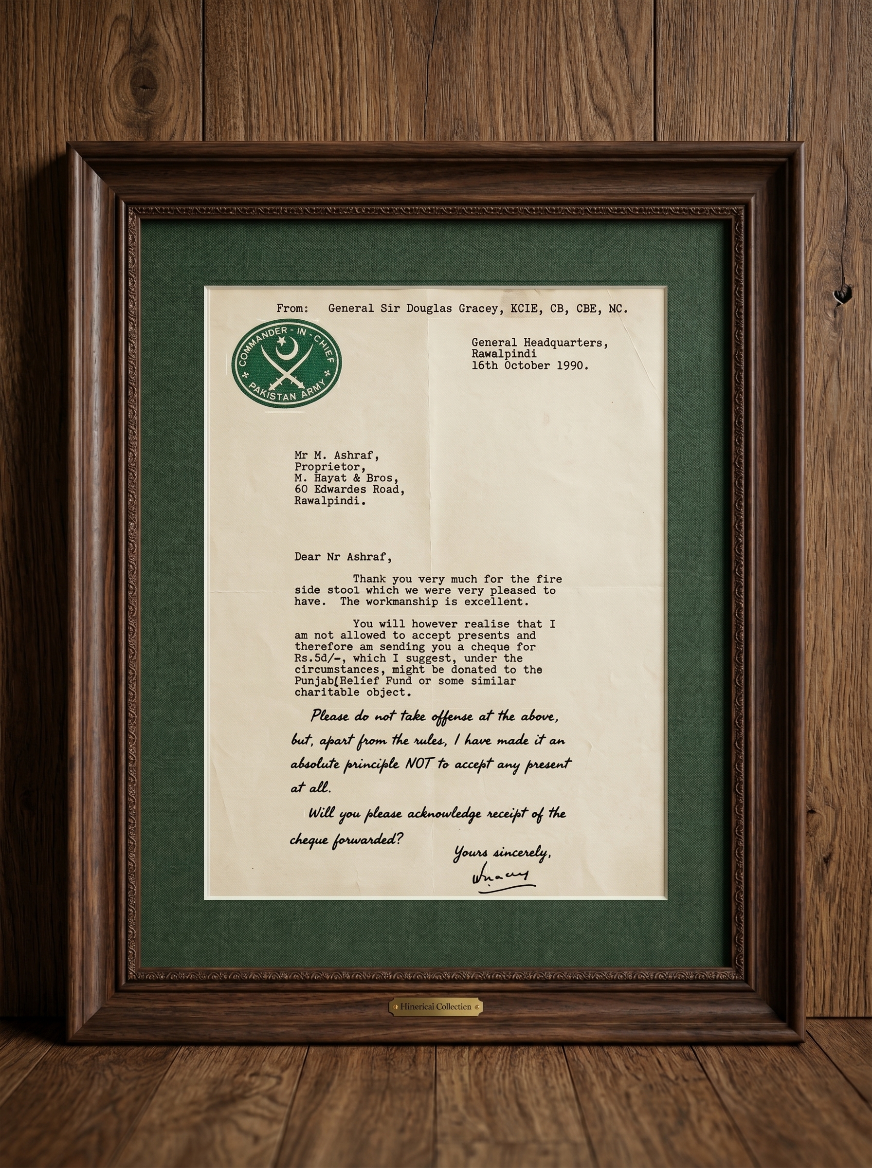 Letter of correspondence between Sir Douglas Gracey and M. Ashraf