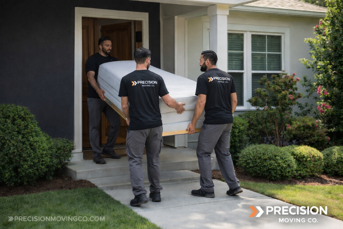 Precision Moving Co team carefully carrying furniture into a home during a residential move