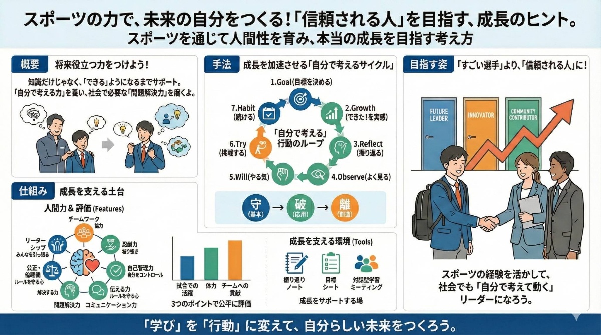 Ota Method全体像 - スポーツを通じて人間性を育み、本当の成長を目指す考え方。未来役立つ力をつけよう、成長を加速させる自分で考えるサイクル、すぐ選手より信頼される人に、成長を支える土台と環境