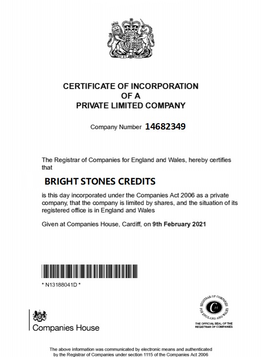 BRIGHT STONE CREDITS Certificate of Incorporation - Company Number 14682349
