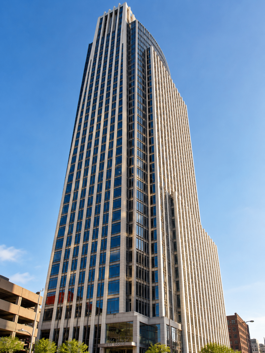 Fast Passport Center office building in downtown Omaha Nebraska — modern high-rise tower at 1601 Dodge Street with glass facade and blue sky