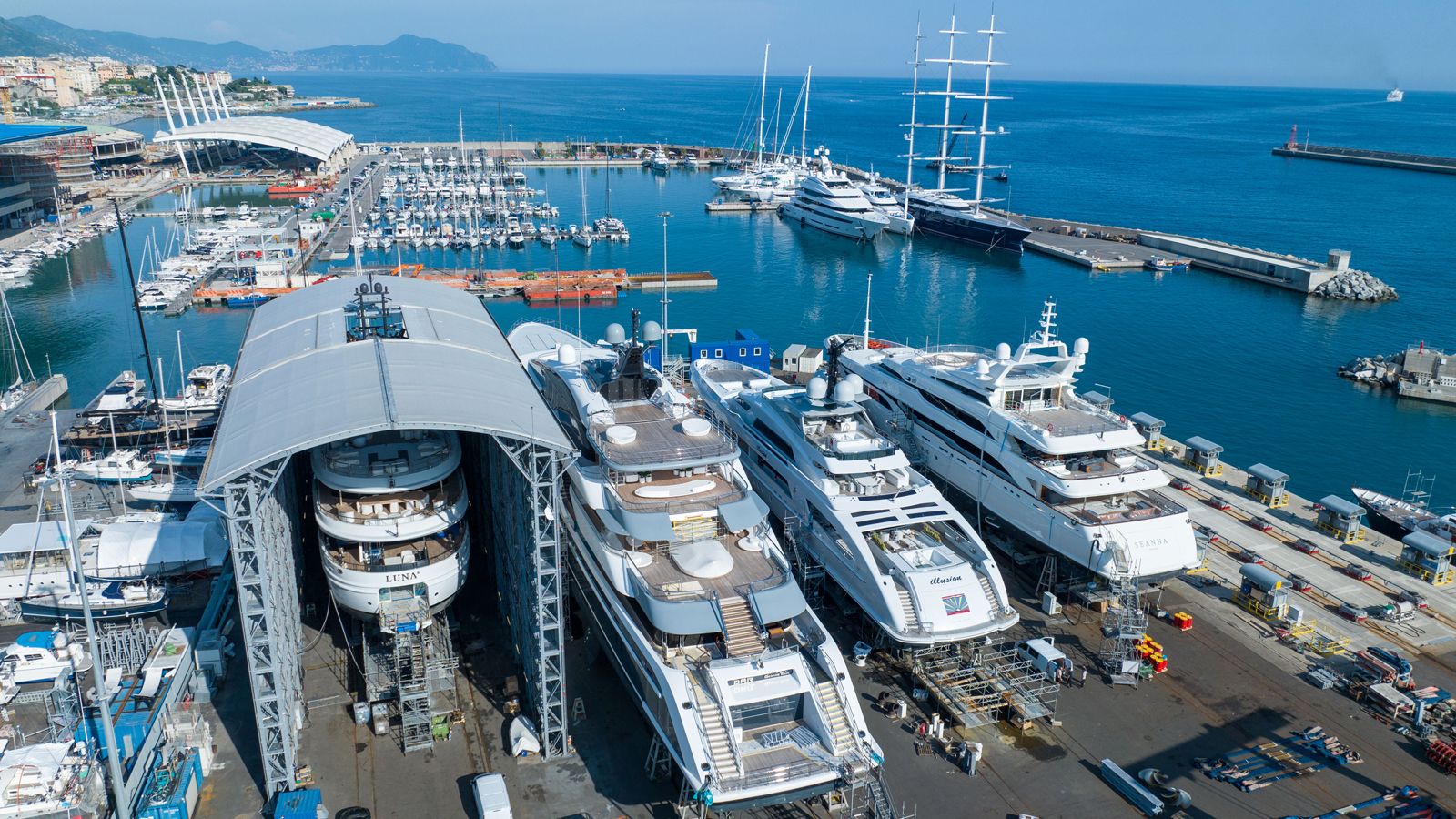 Superyacht launch at shipyard