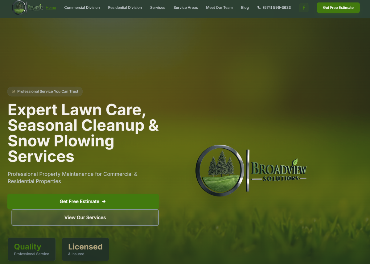 Broad View Solutions lawn care website design Goshen Indiana — custom website development and local SEO
