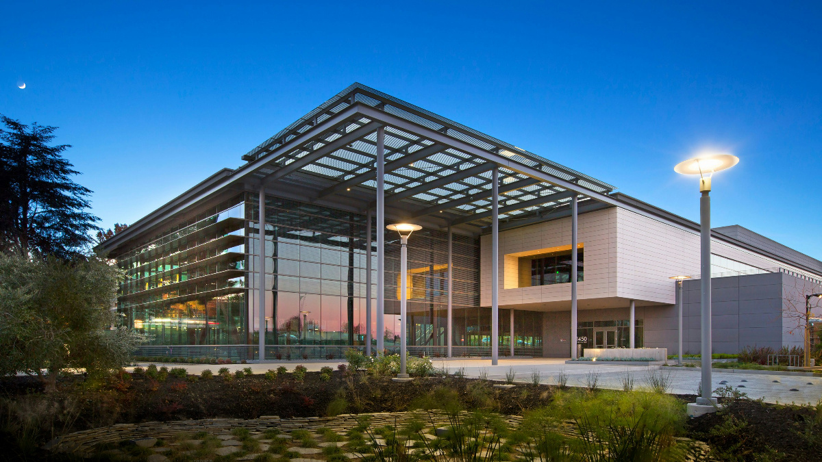 Silicon Valley office building at dusk