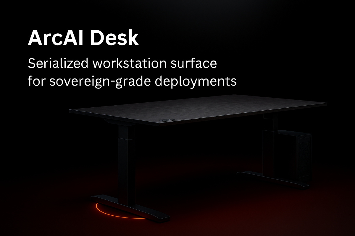 ArcAI Desk Flagship — serialized workstation surface with button-activated full-lift access