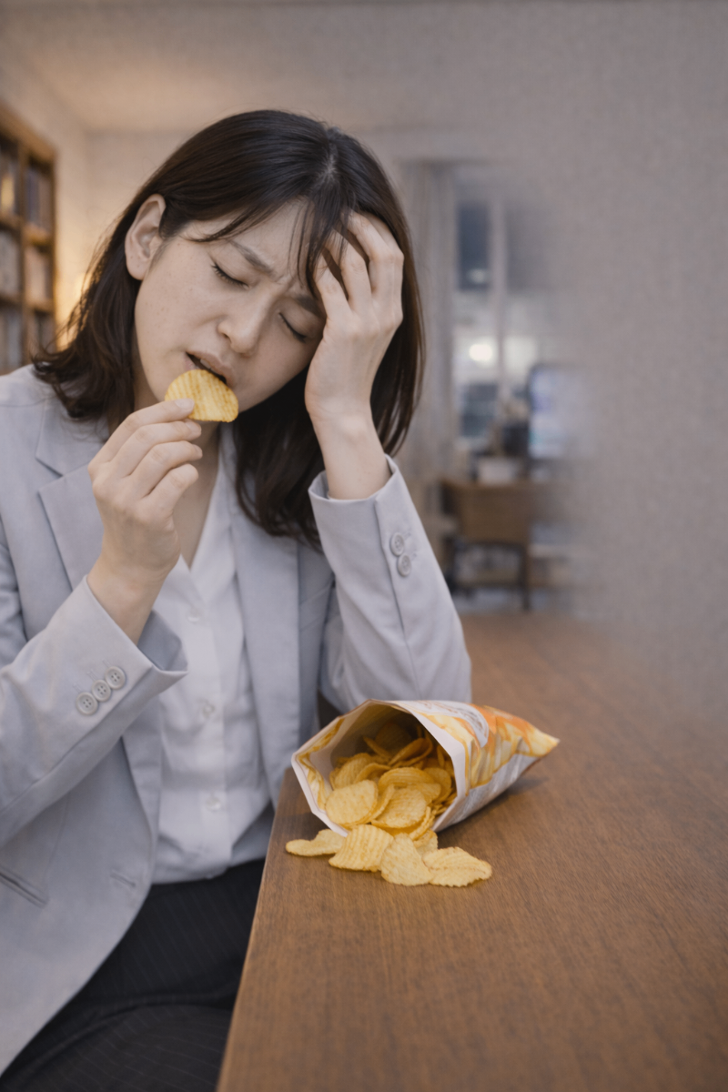 夜にお菓子を食べながら自己嫌悪している女性