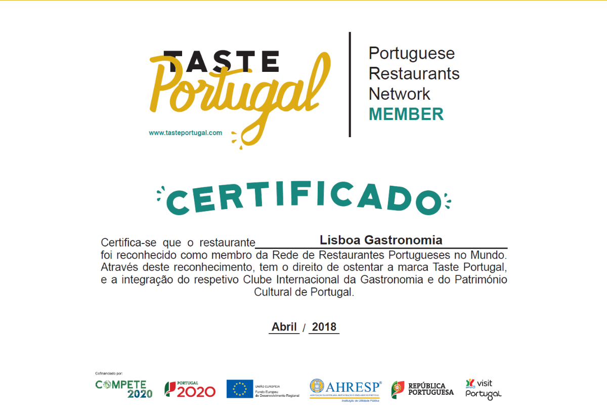 Certificado Taste Portugal - Lisboa Gastronomia membro da Rede de Restaurantes Portugueses