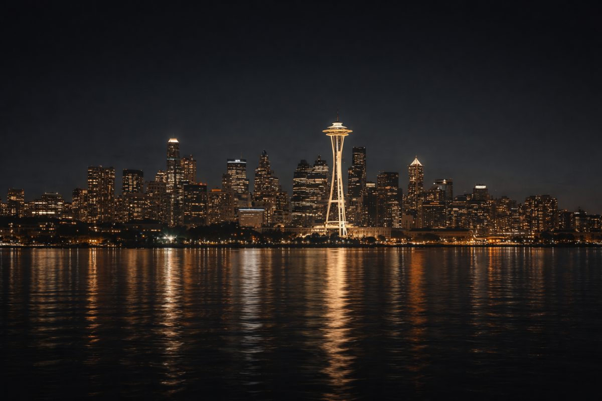 Seattle skyline at night with Space Needle and illuminated buildings reflecting on Elliott Bay