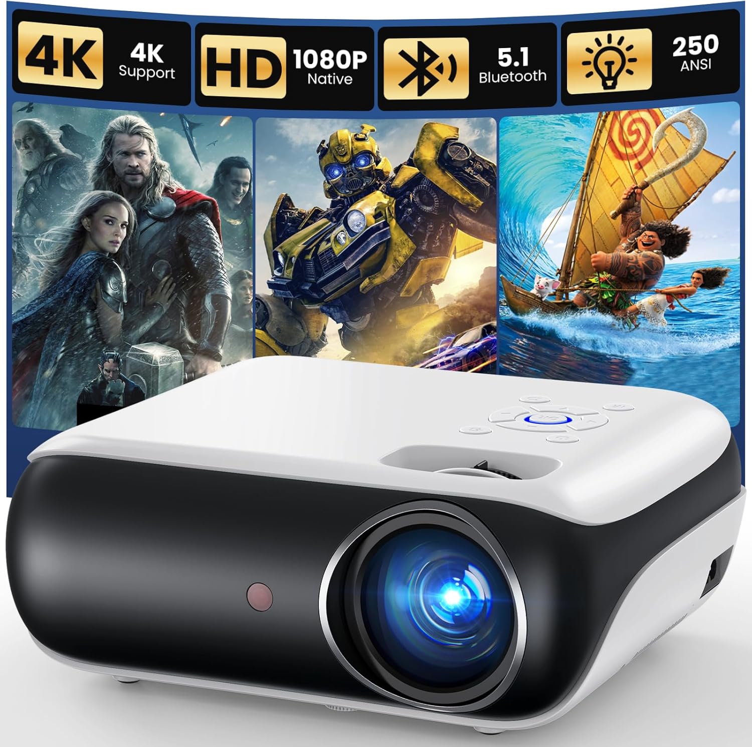 HAPPRUN Native 1080P Bluetooth Mini Projector, Full HD Portable Outdoor Movie Projector with Built-in Speaker