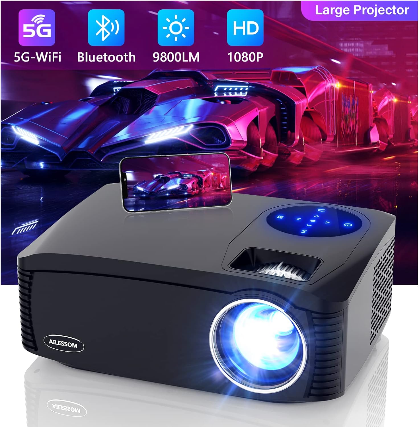 Native 1080P 5G WiFi Bluetooth Projector, AILESSOM 20000LM 450" Display Support 4K Movie Projector, High Brightness for Home Theater and Business, Compatible with iOS/Android/TV Stick/PS4/HDMI/PPT/USB