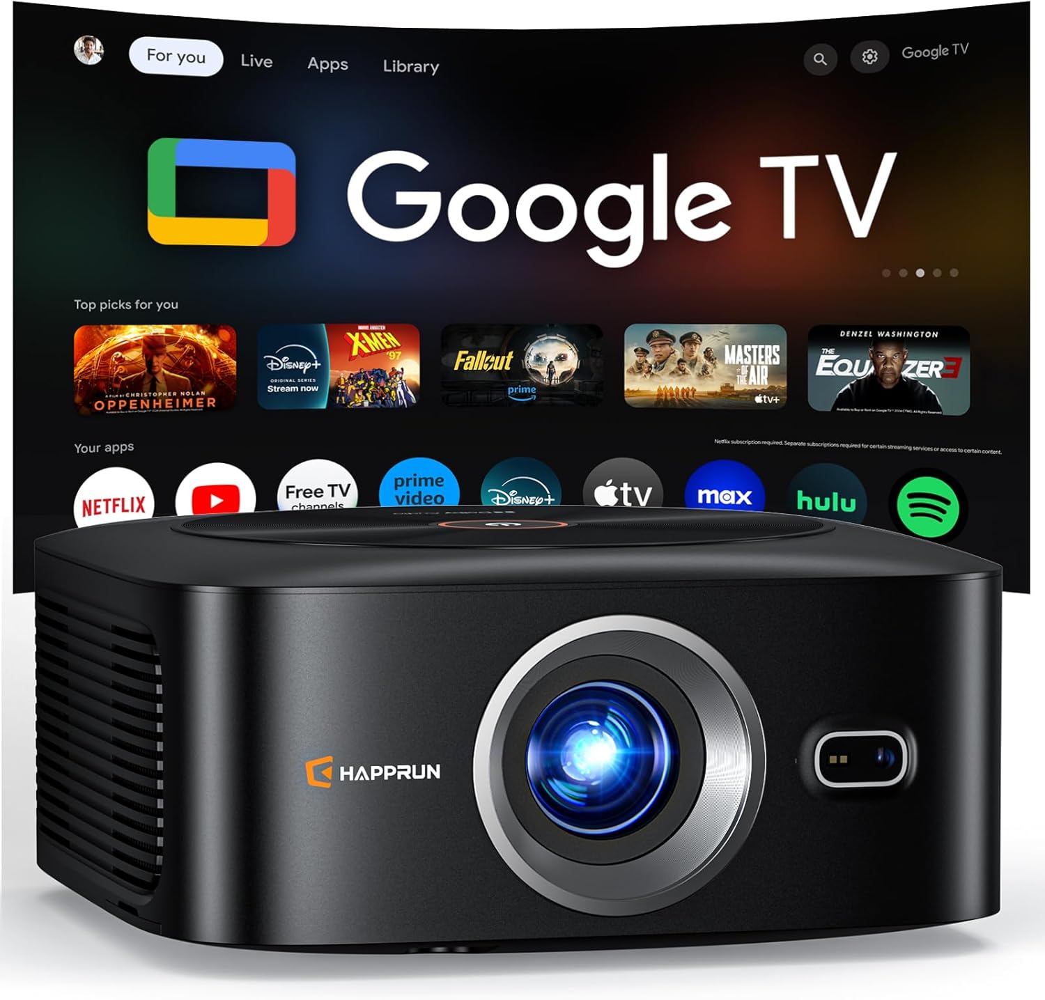 1500 ANSI Official Licensed Google TV Smart Projector, HAPPRUN 4K Full HD Home Theater with Auto Focus