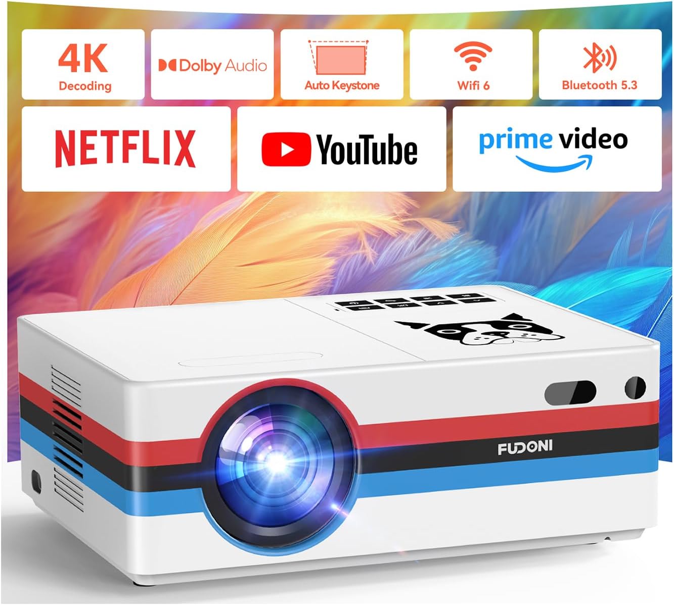 [Compatible with Netflix, 2000 ANSI] Smart Projector with WiFi 6 and Bluetooth 5.3, Electric Focus Auto Keystone, Native 1080P Outdoor Movie Projector with PrimeVideo/YouTube, for HDMI/USB/iOS/Android