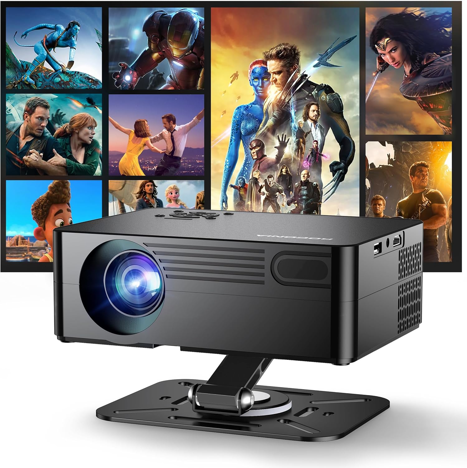【Compatible with Netflix & 180° Stand】Smart Projector with WiFi and Bluetooth, AI Auto Focus & Keystone Portable Movie Projector