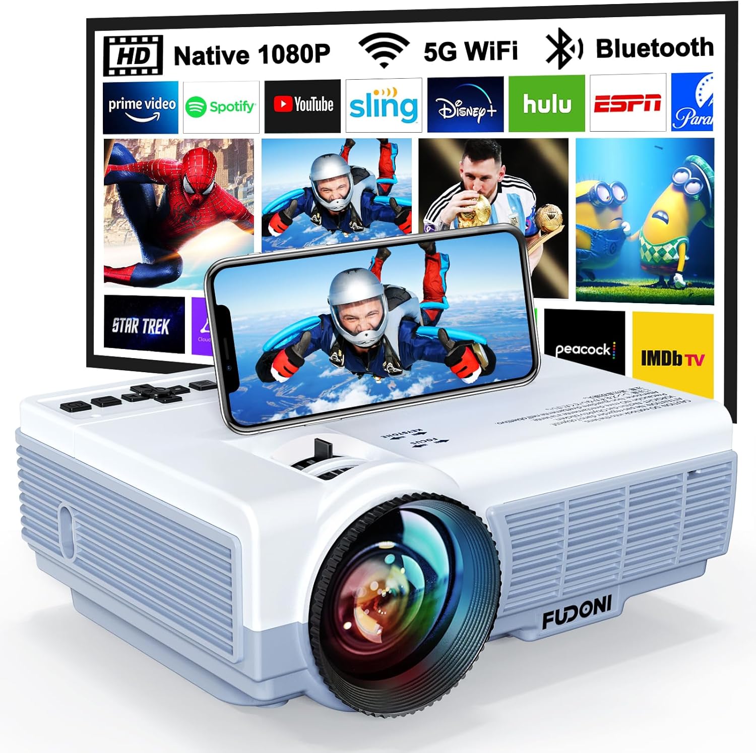 FUDONI Projector with 5G WiFi & Bluetooth, Native 1080P 18000L Portable Movie Projector for Home Theater Outdoor