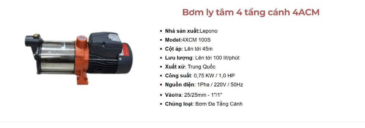 Máy bơm ly tâm 4 tầng cánh Lepono 4ACM 100S