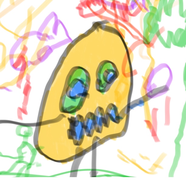 Mad Little Potato - A colorful character with green eyes and blue teeth in a vibrant artistic style