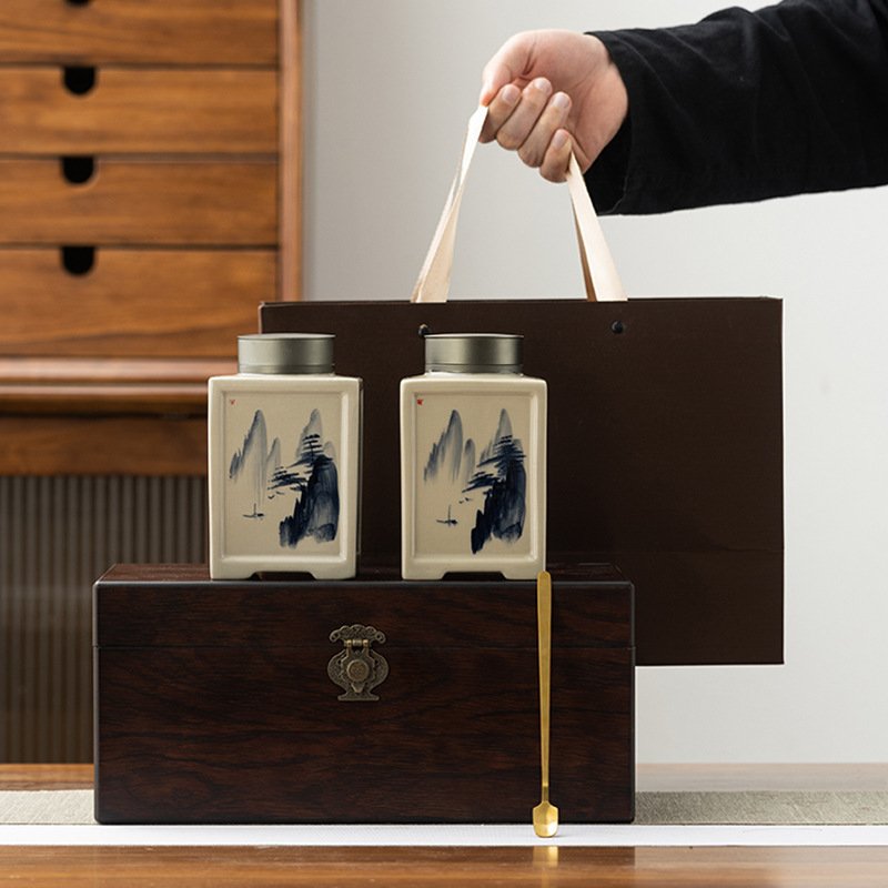 HŨ ĐỰNG TRÀ SỨ KÈM HỘP ĐỰNG GỖ