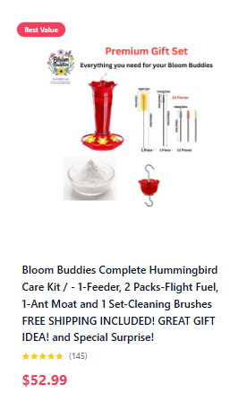 Bloom Buddies Complete Hummingbird Care Kit / - 1-Feeder, 2 Packs-Flight Fuel, 1-Ant Moat and 1 Set-Cleaning Brushes FREE SHIPPING INCLUDED! GREAT GIFT IDEA! and Special Surprise!