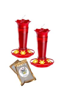 Bloom Buddies Special Offer - 2 Premium Red Glass Feeders & 2 packs Bloom Buddies Flight Fuel