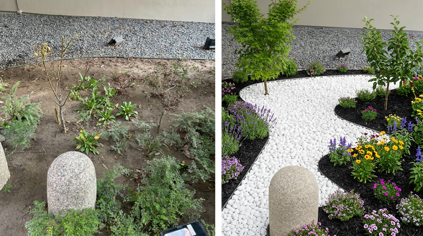 樹匠園藝草坪維護服務,工人使用專業割草機修剪新北市透天住宅前院草坪,維持整齊美觀