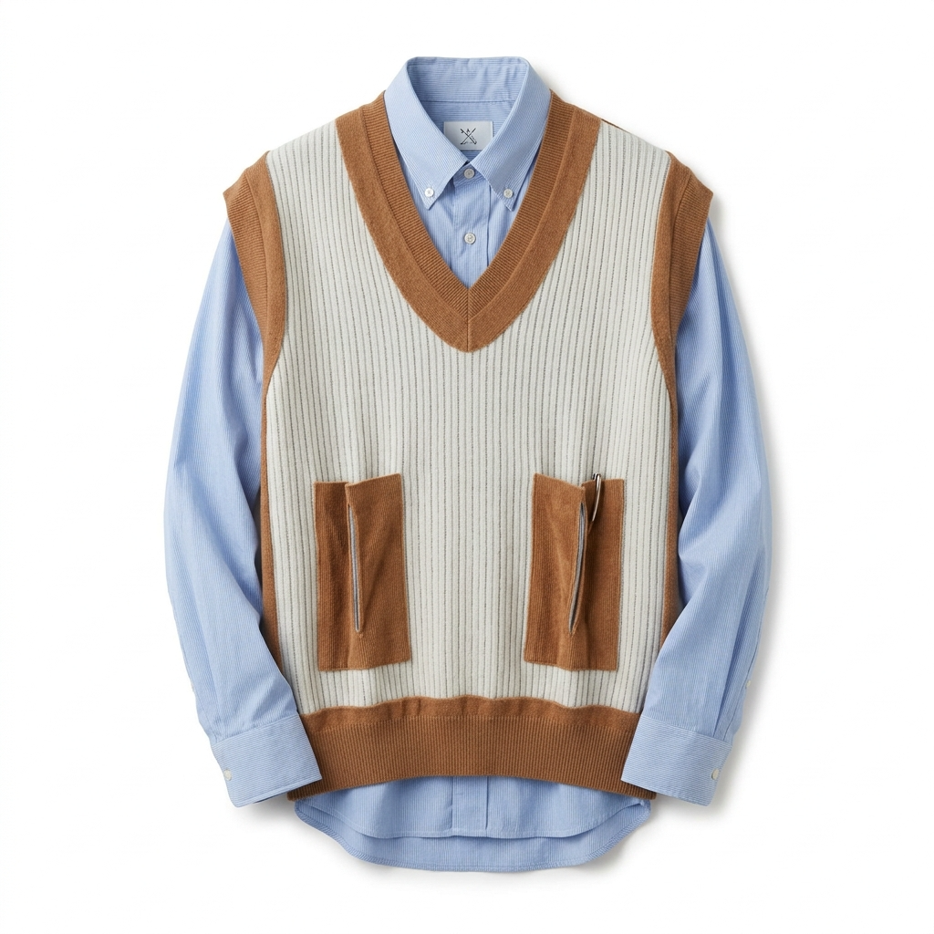 Maison Margiela 2021AW ニットベスト レイヤード シャツ 38 サックス/ホワイト/キャメル