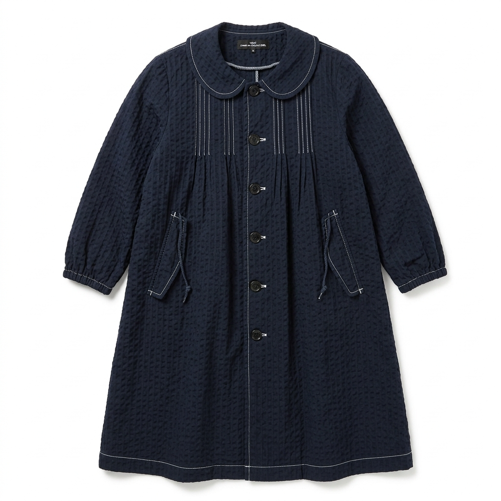 tricot COMME des GARCONS 皺加工 ステッチ 丸襟 シャツワンピース Mサイズ ネイビー レディース