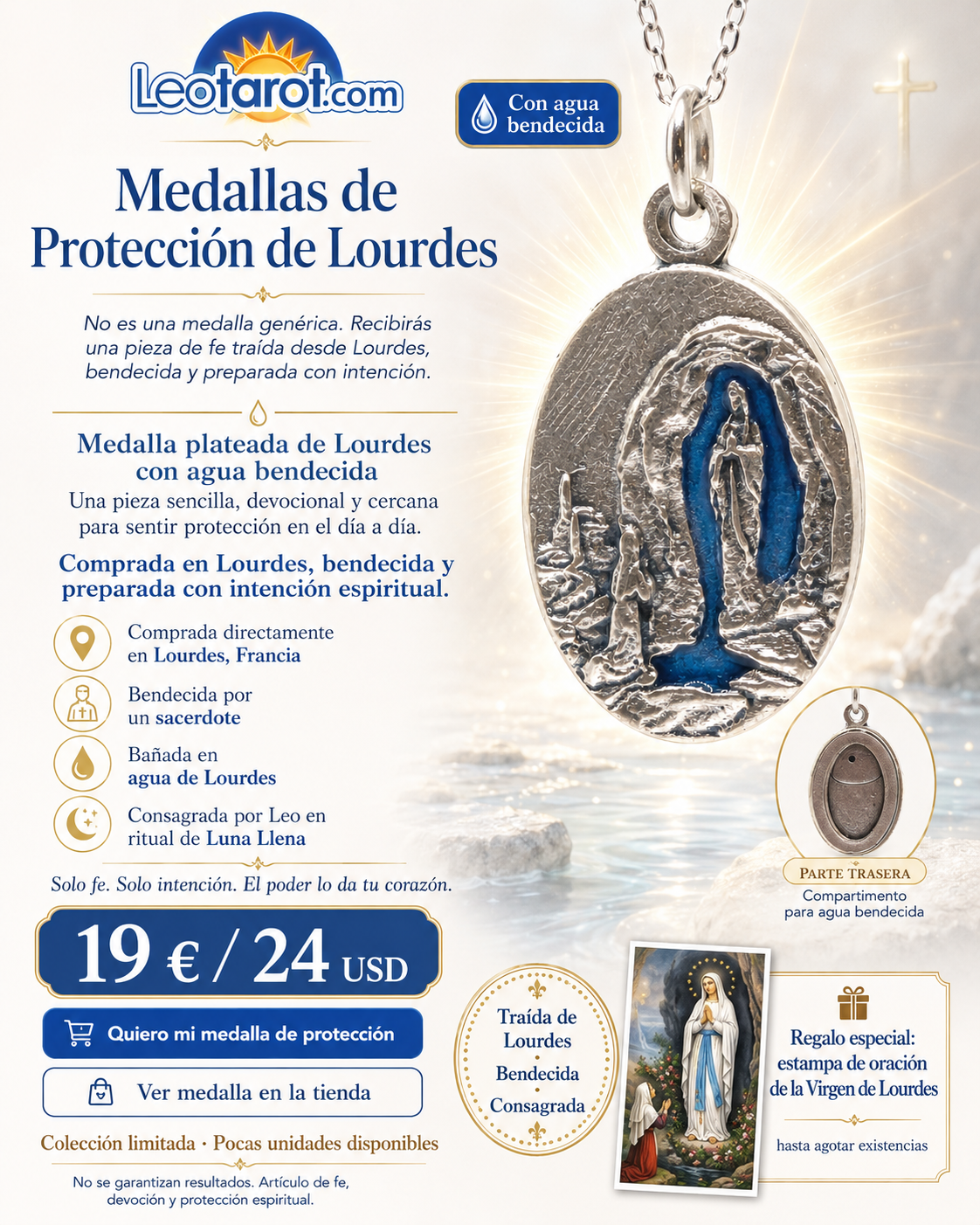 Medalla plateada de Lourdes con agua — imagen 1