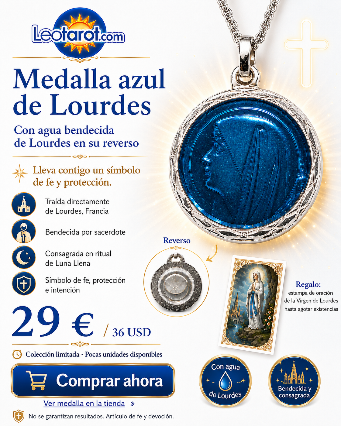 Medalla azul de Lourdes con agua — imagen 1