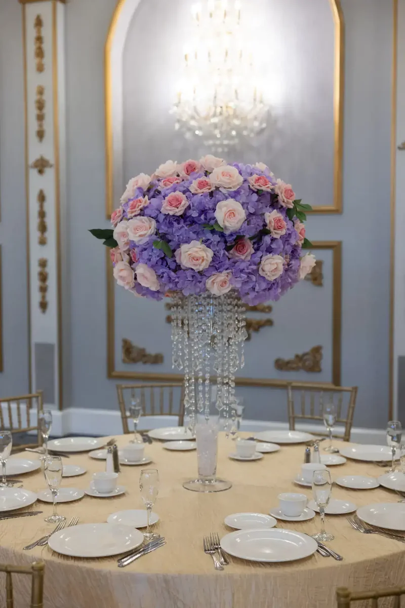 Lavender Hydrangea and Pink Roses on Pilsner Vase with Princess Chandelier