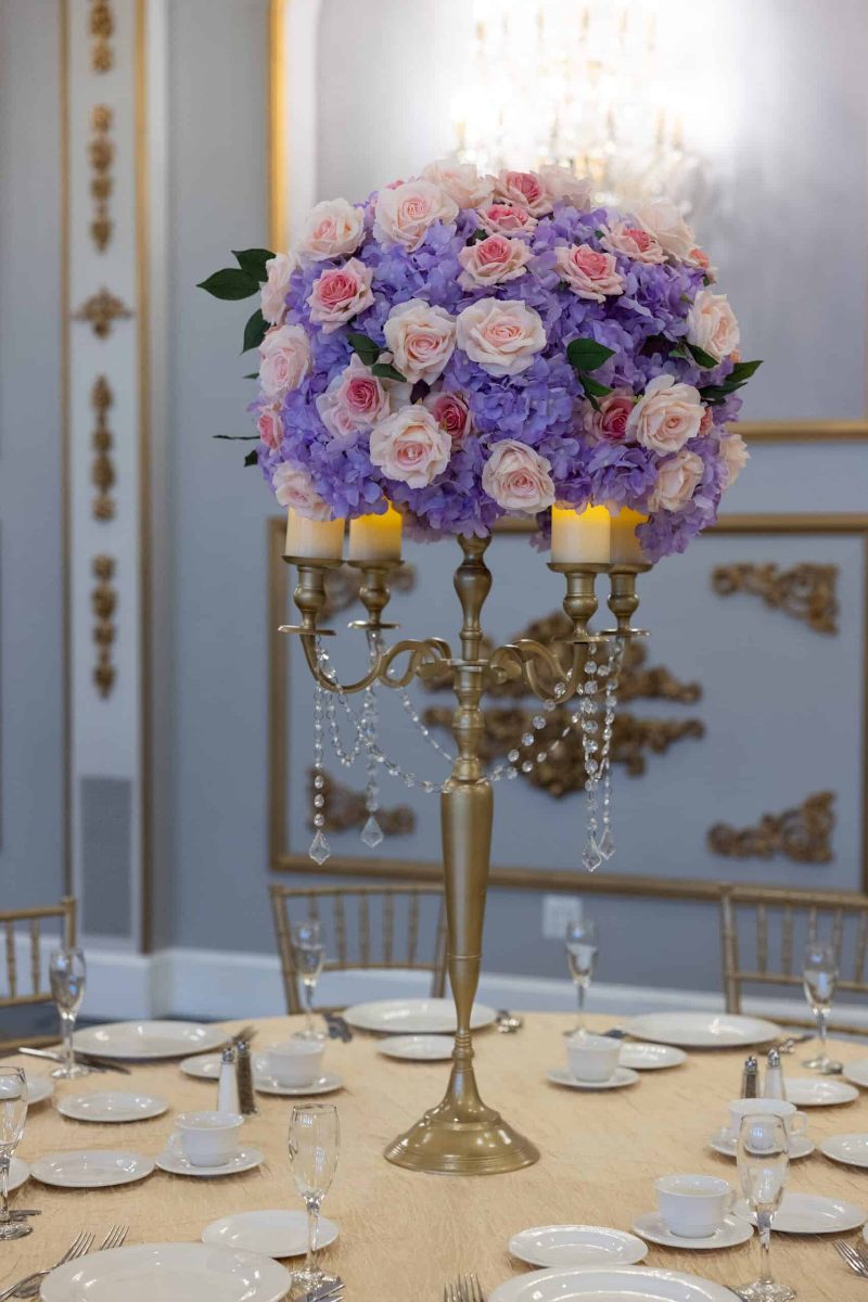 Lavender Hydrangea and Pink Roses on Gold Candelabra