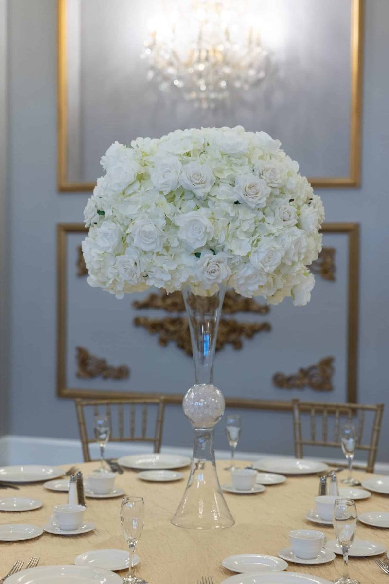 White Hydrangea and rose on Hourglass Vase