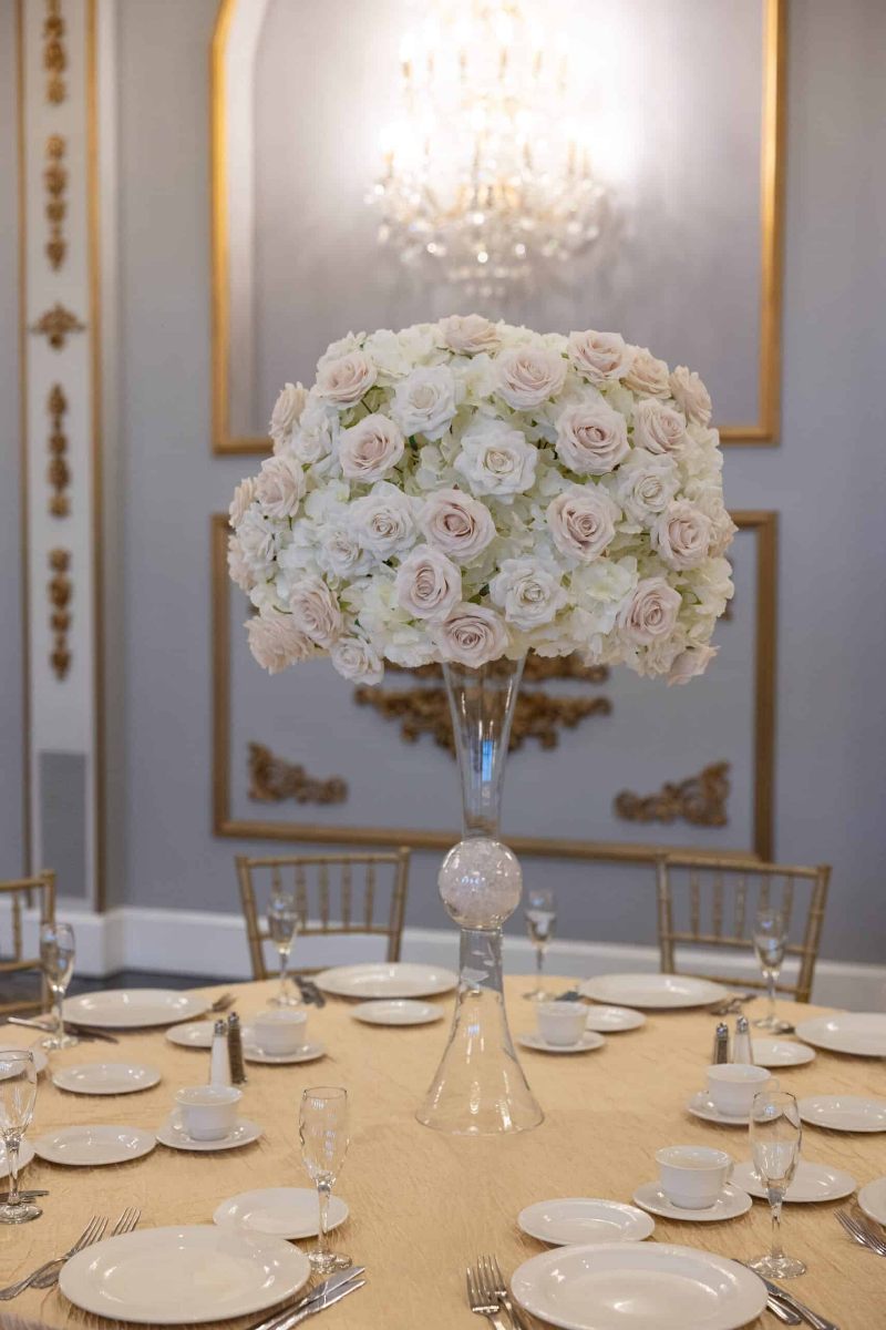 White Hydrangea with White and Beige Roses on Hourglass Vase