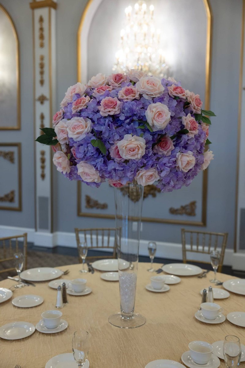 Lavender Hydrangea and Pink Roses on Pilsner Vase