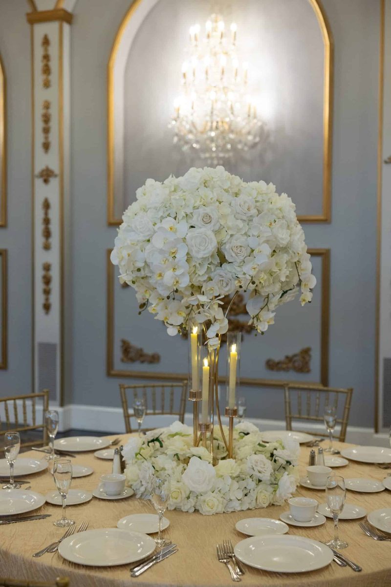 Cascade on Gold Hourglass Stand with Gold Taper Candle Holders and Wreath