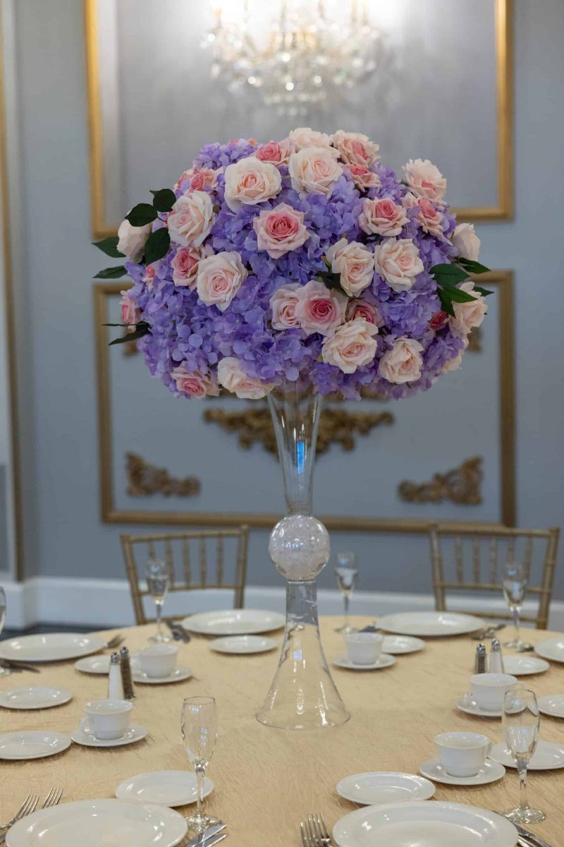 Lavender Hydrangea and Pink Roses on Hourglass Vase