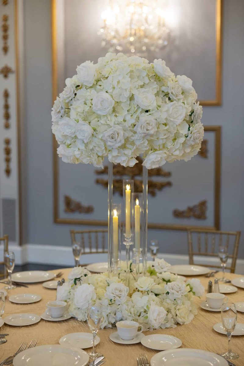 White Hydrangea and rose on Clear Harlow Stand with Taper Candle Holders & Wreath