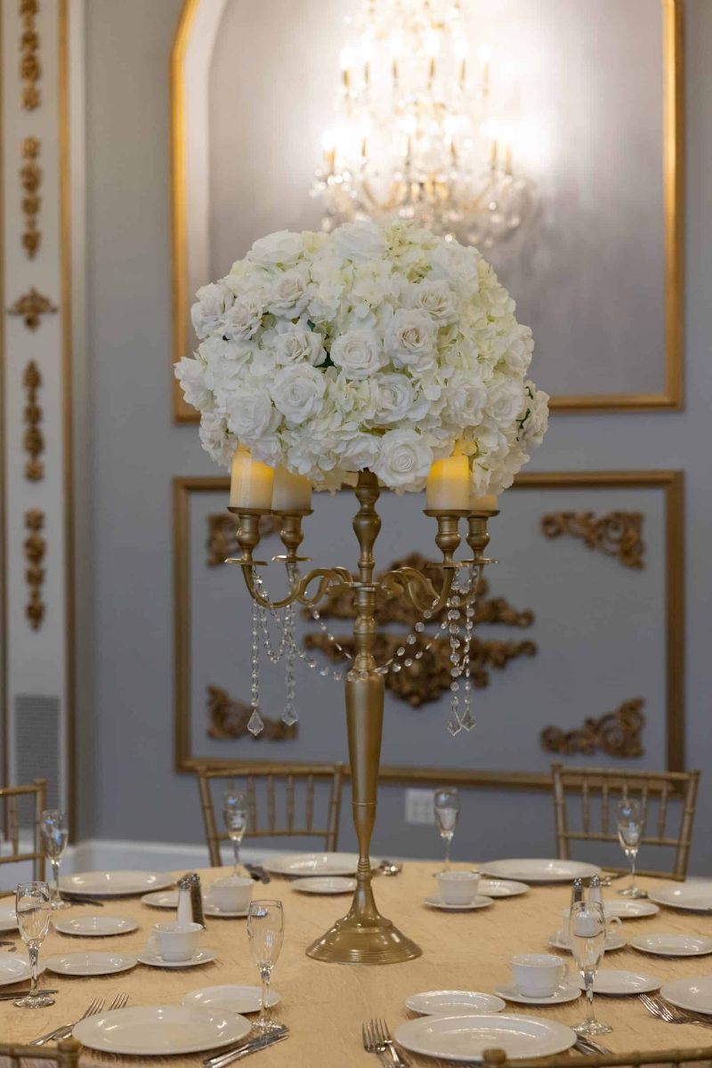 White Hydrangea and Rose on Gold Candelabra