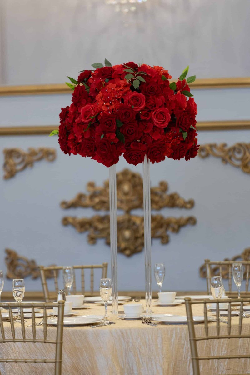 Red Hydrangea and Rose on Clear Harlow Stand