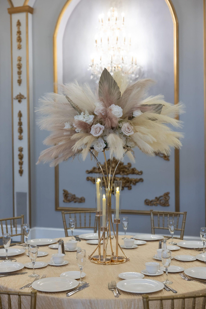 Pampas Grass on Gold Hourglass Stand with Taper Candle Holders