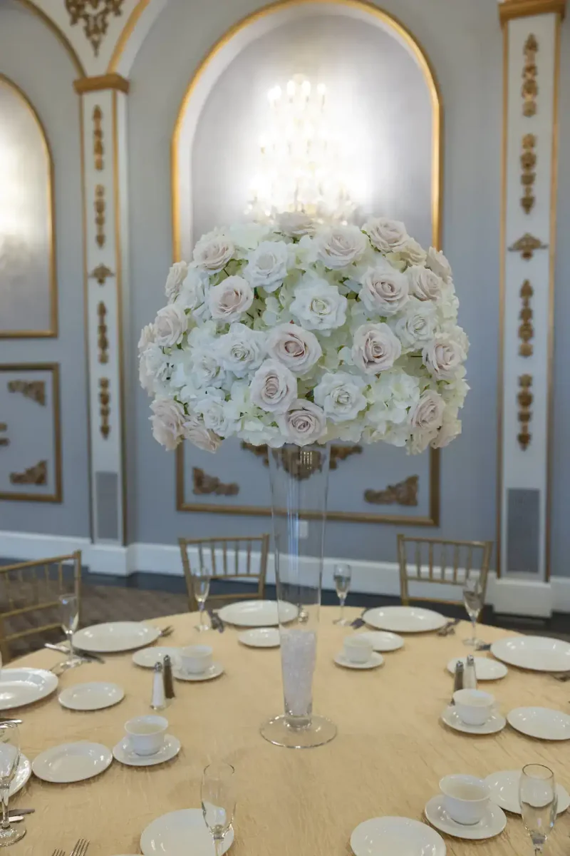 White Hydrangea with White and Beige Roses on Pilsner Vase