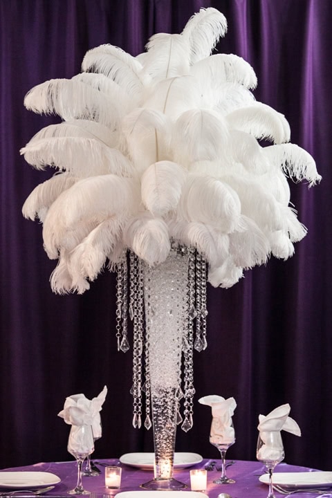 Ostrich Feather Centerpiece Rental on Princess Chandelier and Pilsner Vase
