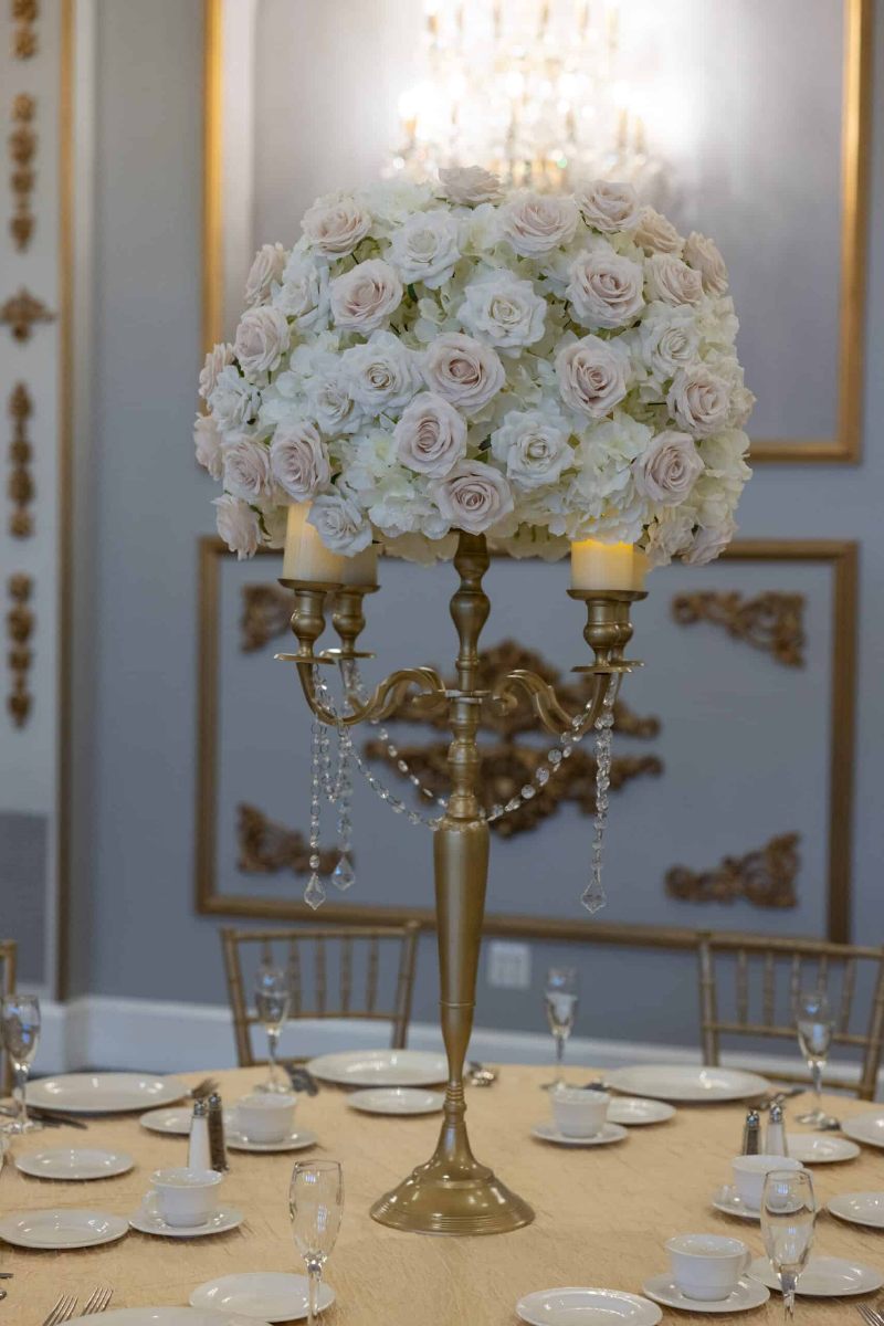 White Hydrangea with white and beige Rose on Gold Candelabra