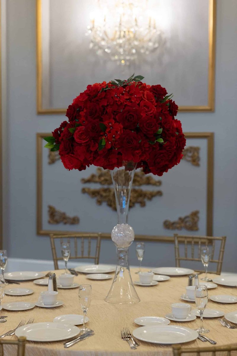 Red Hydrangea and Rose on Hourglass Vase