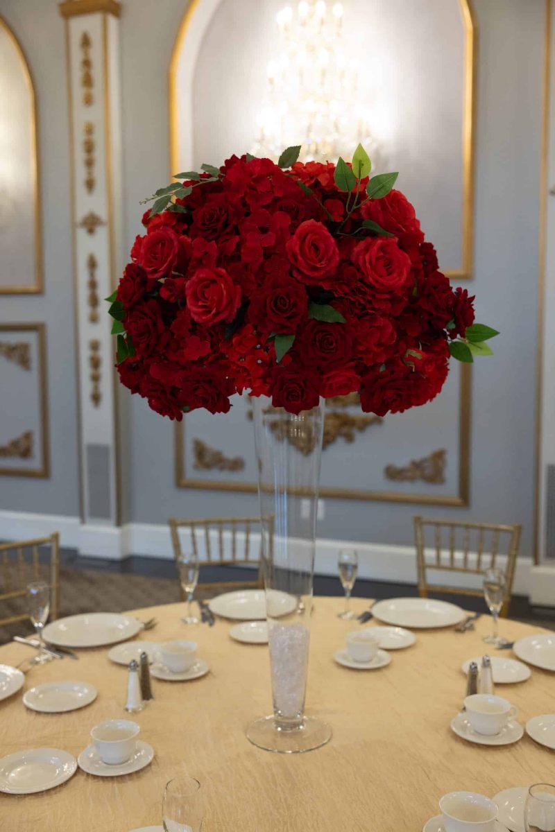 Red Hydrangea and Rose on Pilsner Vase