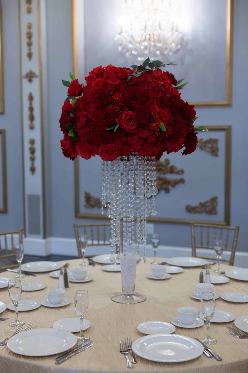 Red Hydrangea and Rose on Pilsner Vase with Princess Chandelier