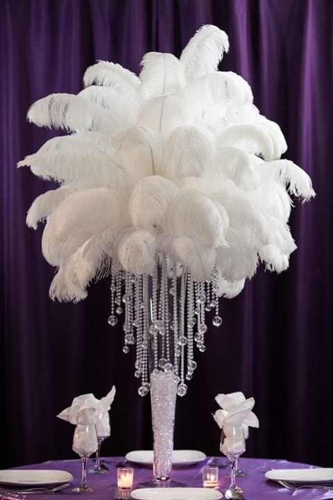 Ostrich Feather Centerpiece on Balldrop Chandelier and Pilsner Vase