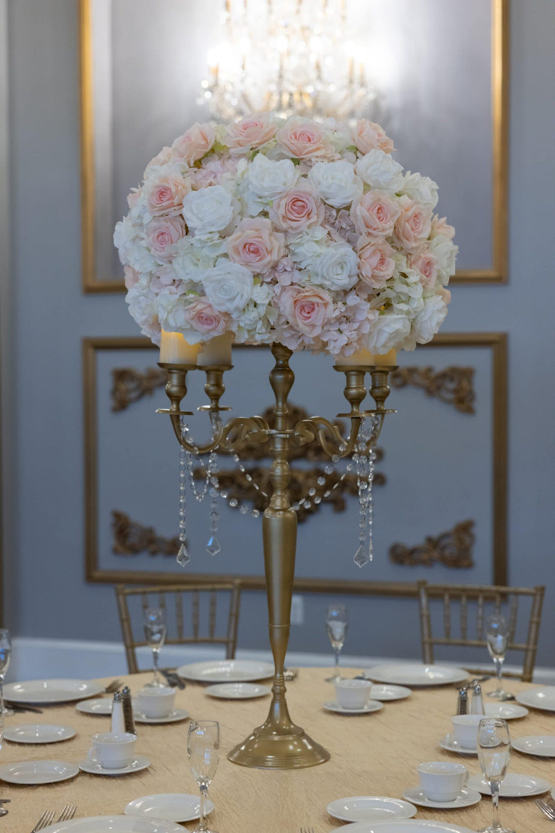White Hydrangea with white and blush roses on Gold Candelabra