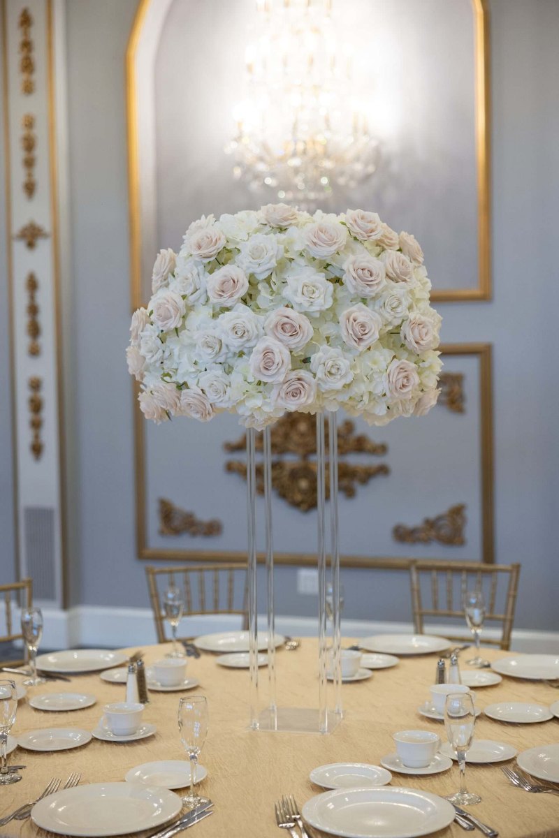 White Hydrangea with White and Beige Rose on Clear Harlow Stand